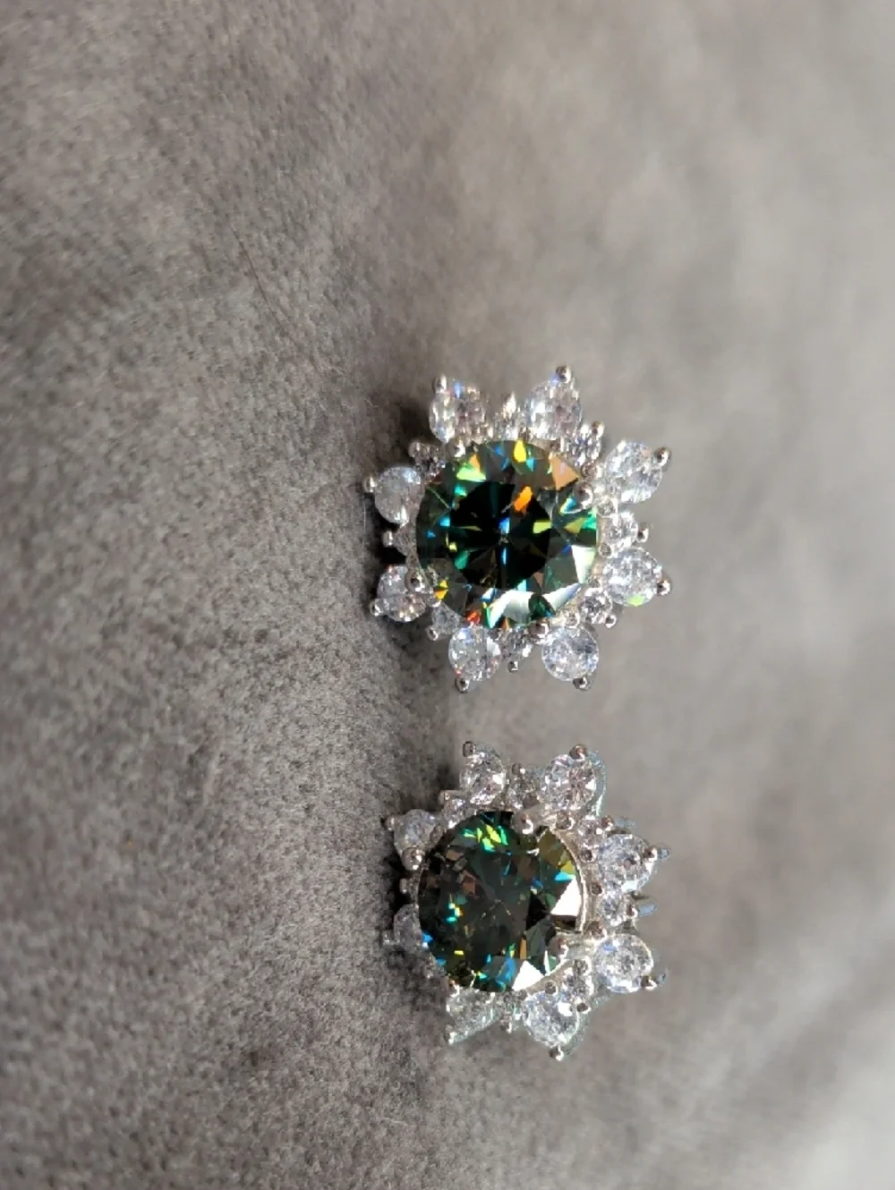 Mystic Green Halo Moissanite Flower Stud Earrings - WG Plated